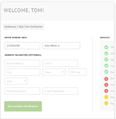 real time verification form welcome tom